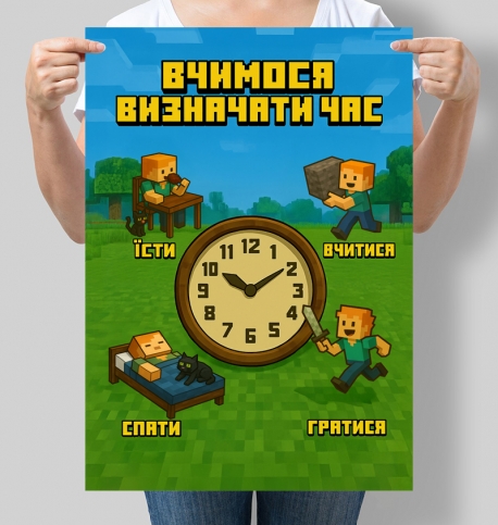 Постер Вчимося визначати час у стилі Майнкрафт Minecraft