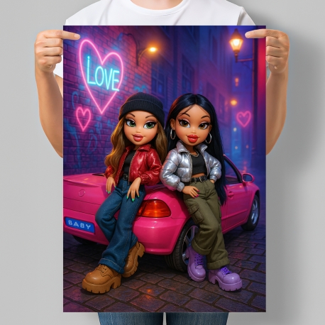 Постер в стилі ляльки Bratz Подруги біля рожевого авто
