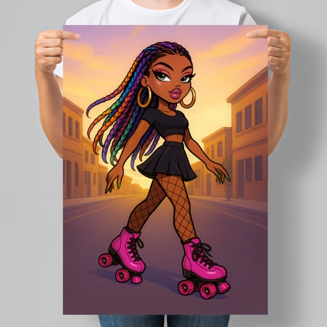Постер в стилі ляльки Bratz ролерниця на заході сонця