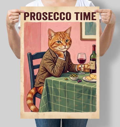 Постер інтер'єрний з котом Prosecco Time (Час просекко)