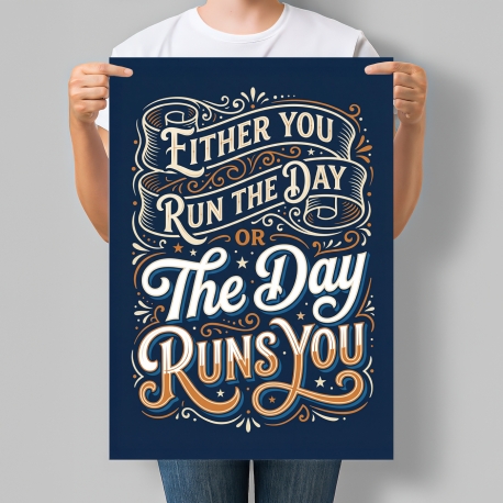 Постер Either you run the day, or the day runs you. Jim Rohn